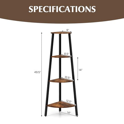 GIANTEX Corner Shelf, 4-Tier Industrial Corner Bookshelf with Metal Frame, Rustic Corner Bookcase Storage Shelves Rack, Tall Wood Corner Shelf Plant Stand for Bedroom Living Room (Rustic Brown)