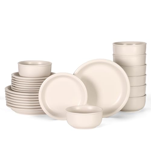 GZG Vintage Series Ceramic Dinnerware Set for 8, 24 Pieces, Cream White | Stoneware Plates and Bowls Set, Lead-Free, Handcrafted Dishes Set, Microwave & Dishwasher Safe - color: Cream Mist, size: Service for 8(24pcs)