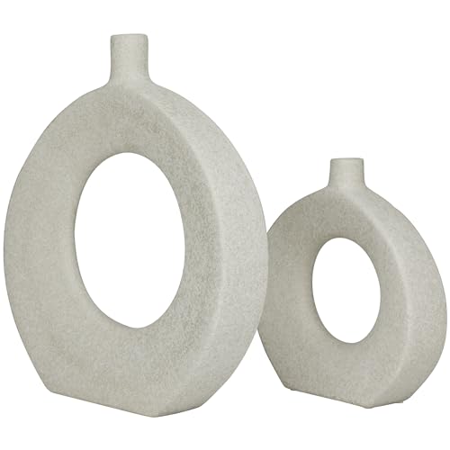 CosmoLiving by Cosmopolitan Ceramic Decorative Vase Round Donut Shaped Centerpiece Vases, Set of 2 Flower Vases for Home Decoration 16", 10"H, White