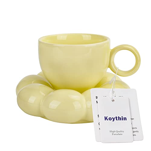 Koythin Ceramic Coffee Mug with Saucer Set, Creative Cute Cup with Sunflower Coaster for Office and Home, Dishwasher and Microwave Safe, 6.5 oz/200 ml for Tea Latte Milk (Lemon Yellow) | 200ml Tiny Floral Cup, Microwave & Dishwasher Safe; Afternoon Tea Cu