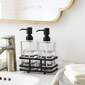 Square Glass Clear Lotion and Soap Pump Dispenser Set with Metal Stand Caddy for Bathroom Bath Kitchen Home Office Travel Hotel Hand Crafted Heavy Weight Matte Black - color: Black