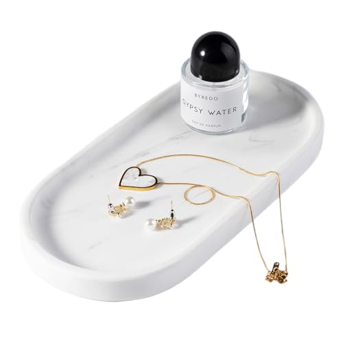 White Marble Oval Tray for Bathroom Countertop, 10" x 5" Natural Marble Vanity Trays, Stone Perfume Organizer Tray for Decor, Jewelry Dish Perfume Trays for Dresser - color: Volakas White