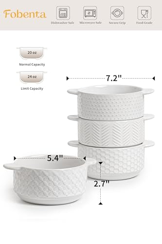 FOBENTA Soup Bowls with Handles, 20oz Embossed Ceramic Bowl Set of 4 – Oven & Microwave Safe, Ideal for Stew, Chili, Cereal – Textured Deep Bowls for Everyday Comfort - size: 20 OZ-Dual Handles