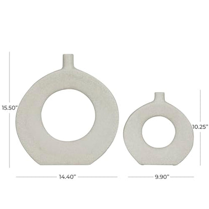 CosmoLiving by Cosmopolitan Ceramic Decorative Vase Round Donut Shaped Centerpiece Vases, Set of 2 Flower Vases for Home Decoration 16", 10"H, White