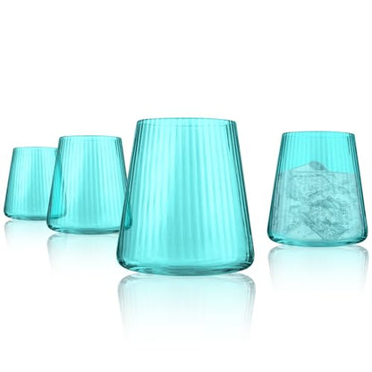 ARTLAND Soho Optic 14.5 oz Double Old Fashion Glass, Set of 4 - Whiskey, Cocktail, Rocks, Barware Drinking Glasses - Elegant Design, Durable Construction, Versatile Use, Dishwasher Safe (Turquoise) - color: Light Turquoise, style: Double Old Fashion Glass