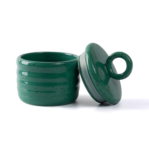 Salt Cellar Keeper with Ceramic Lid, Big Capacity Ceramic Sugar Bowls Pepper Box, Speckled Glaze Seasoning Container Condiment Pot for Kitchen (Green) - color: Green