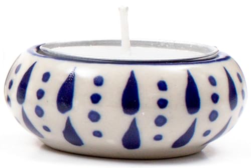 Ceramic Tealight Holder Set of 6 - Hand-Painted Candle Holders with Wax Tealights - Decorative Votive for Home, Party, Wedding, Festive & Gift Décor (White Blue) - ALPHA Living HOME
