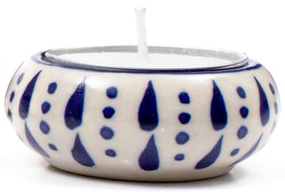 Ceramic Tealight Holder Set of 6 - Hand-Painted Candle Holders with Wax Tealights - Decorative Votive for Home, Party, Wedding, Festive & Gift Décor (White Blue) - ALPHA Living HOME
