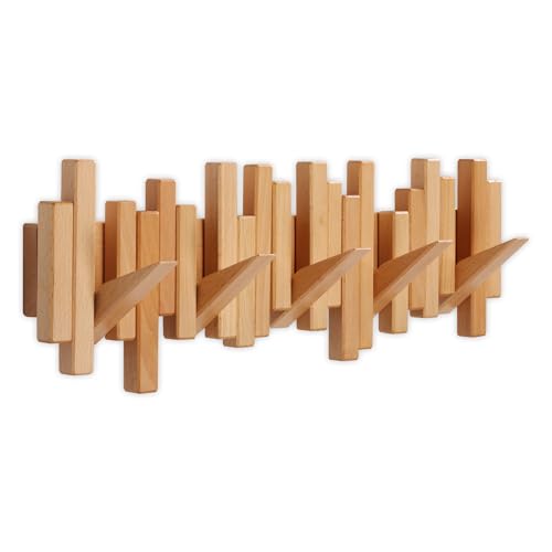 Coat Rack Wall Mount Piano Flip Down Wall Hook Rack 5 Hooks Beech | Natural Wood Handmade Unique Hanger for Coats Bag Hat Umbrella key Wall Art In the foyer living room bedroom bathroom office - color: Beech