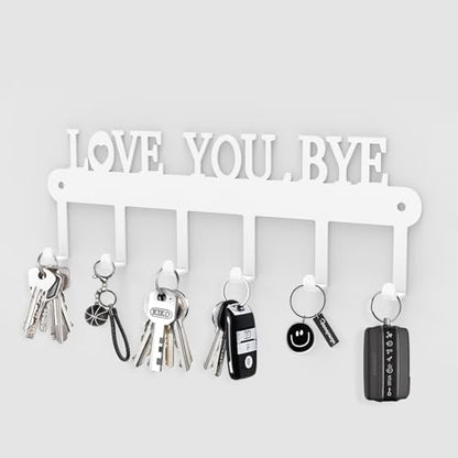 Key Holder for Wall - 'Love You Bye' Key Hooks, White, 6 Hooks | Key Holder Wall Mount Self Adhesive, Key Rack Wall Mount for Wall No Drill for Living Room, Kitchen, Bathroom, Garage - color: Love You Bye' White