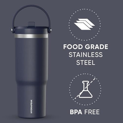 Hydrapeak Nomad 32oz Stainless Steel Insulated Travel Tumbler with Handle & Straw Lid, Leakproof, Cupholder Friendly, Back to School, College Dorm, Gym & Everyday Hydration, Cold 24 Hours (Navy) - color: Navy
