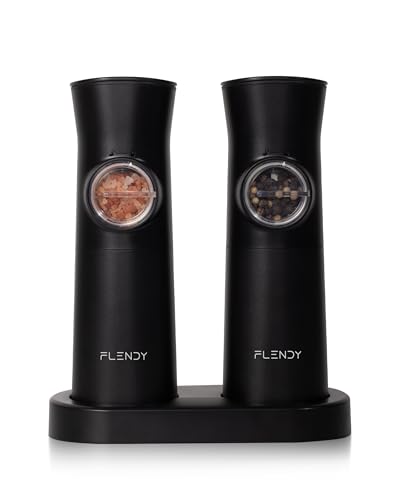 Flendy Gravity Electric Salt and Pepper Grinder Set with Charging Base | USB-C Charging Base, Gravity-Activated, Automatic, Rechargeable, Dust Cover, Large Capacity, Slim, Kitchen Housewarming Gift - color: Black
