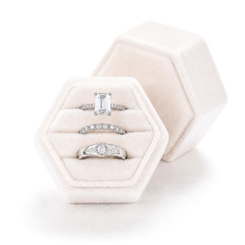 Velvet Jewelry Ring Box, 3 Slots Hexagon Engagement Wedding Ring Holder for Wedding Ceremony Proposal - color: Champagne