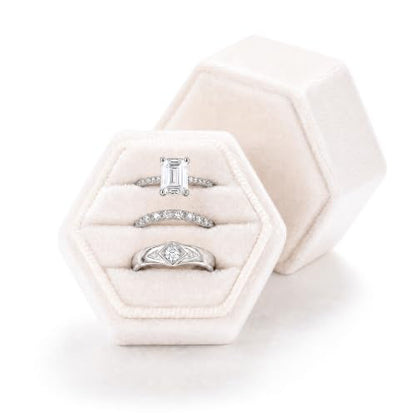 Velvet Jewelry Ring Box, 3 Slots Hexagon Engagement Wedding Ring Holder for Wedding Ceremony Proposal - color: Champagne