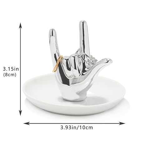 Lynagert I LOVE YOU Hand Ring Holder - Ceramic Jewelry Holder Dish Trinket Tray for Rings, Earrings, Necklace Organizer - Engagement, Wedding, Christmas, Birthday Gifts (Silver) - color: Silver
