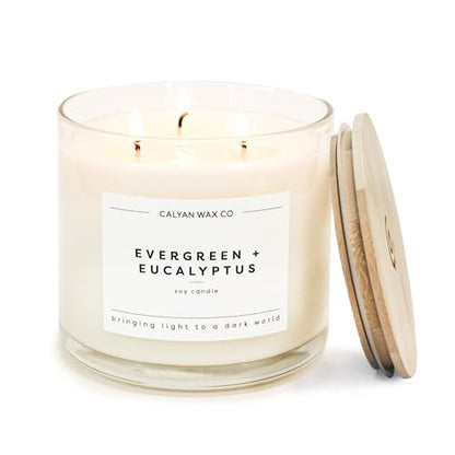 Evergreen & Eucalyptus 3 Wick Scented Candle - 43 Hour Burn | Made in the USA Luxury Clean Soy Wax Candles - Long Lasting Large Glass Jar Candle for Home - 3 Wicks - 14.9oz - color: Evergreen + Eucalyptus