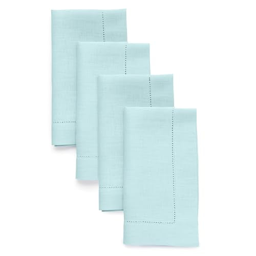 Solino Home 100% Pure Linen Dinner Napkins Aqua Blue, 20 x 20 in, Set of 4 | Classic Hemstitch Cloth Napkins for everyday meals and hosting, hand hemstitched borders, artisan crafted, OEKO-TEX Certified - color: 11: Aqua Blue, size: 20" x 20" (Set of 4)