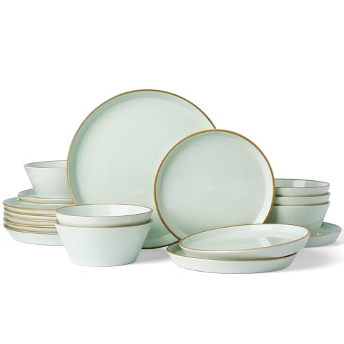 Famiware Saturn Plates and Bowls with Rim, Stoneware Dinnerware Sets for 6 | Light Green, 18-Piece Ceramic Dishes, Chip and Scratch Resistant, Microwave and Dishwasher Safe, Everyday, Formal & Party Use - color: Light Green, size: 18