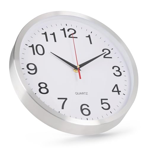 Wall Clock Metal Frame Silent Non-Ticking Round Indoor Clock Analog Battery Operated Modern Stainless Steel Wall Clocks for Office, Hotel, Bedroom, Living Room (Silver-Metal Frame, 12inch) - color: Silver-metal Frame, size: 12inch