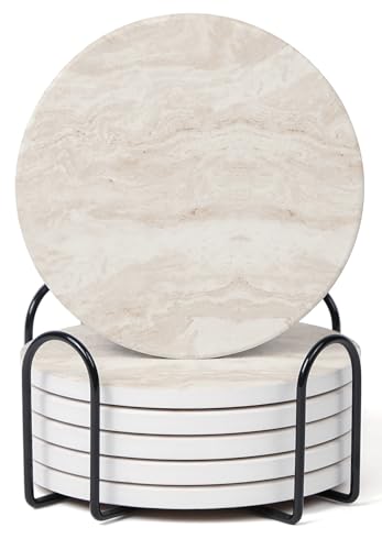 Set of 6 Light Beige Abstract Onyx Marble Coasters with Holder, Absorbent Ceramic Coasters for Drinks, Coasters with Cork Backing for Table Protection, Coffee Table Decor - color: Light Beige