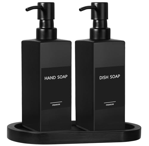 GMISUN Kitchen Soap Dispenser Set, Hand and Dish Soap Dispensers Set, Black Liquid Soap Dispenser with Tray, Refillable Dish Dispensers for Kitchen, Glass Soap Bottles with Stainless Steel Pump - color: Black Bottle + Black Pump + Black Tray