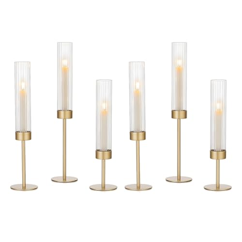 Garvee Gold Hurricane Candle Holders Set of 6, Taper Candlestick Holders with Ribbed Glass Cylinder Sleeves, Elegant Table Centerpiece for Wedding, Birthday, Christmas, Home Decor - size: 6