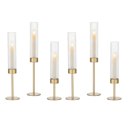 Garvee Gold Hurricane Candle Holders Set of 6, Taper Candlestick Holders with Ribbed Glass Cylinder Sleeves, Elegant Table Centerpiece for Wedding, Birthday, Christmas, Home Decor - size: 6