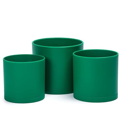 D'vine Dev 3-Pack Plastic Pots & Saucers, 6/6.5/8 in, Green, 74-V-D-3 | Multi-Size Options, Lightweight Durable, Matte Finish, Cylinder Shape, Drainage Holes, Sleek Design, Detachable Saucer - color: Green, size: Medium