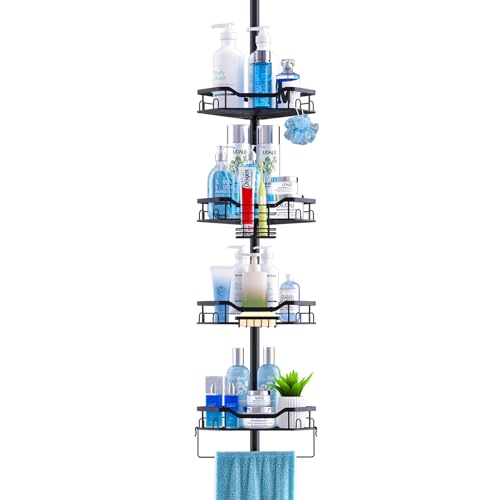 Shower Caddy Corner, 4 Tier Adjustable 48 to 115 Inch Adjustable Rustproof Corner Shower Caddy Tension Pole, Floor Standing Bath Rack with Rod (4 Tier - Triangular)