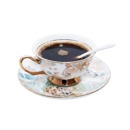 Bone China Tea Cup and Saucer Set with Spoon，Elegant Floral Tea Cup Set (7 oz)，British Coffee Latte Mug for Birthday Party Christmas gift for Friends - color: Gilding green
