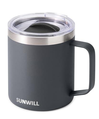 SUNWILL Travel Coffee Mug with Lid, Insulated Tumbler with Handle, 14 oz Stainless Steel Cup for Home, Office, Camping, Powder Coated Charcoal - color: Powder Coated Charcoal