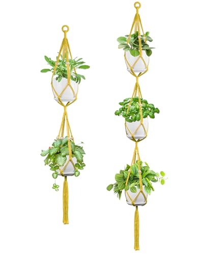 USLAI Macrame Plant Hanger Indoor Outdoor, Up to 4-15 inch Pot, Heavy 20lb Planters, Extra Long Strong Hanging Planter Basket Holder, Boho Home Decor, 49+72 Inch, Yellow (POTS NOT Included) - color: 49+72 Inch - Yellow
