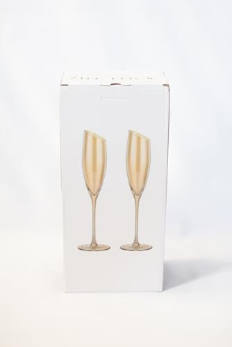 Gold Wine Glasses for Champagne, Set of 2-6oz Champagne Flutes with Slanted Rims, Angled Bowl for Optimal Aeration, Modern, Unique, Decorative Fancy Wine Glasses Set for Women and Men
