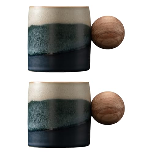 2-Oz Ceramic Espresso Cups with Wood Handle, 2/4-Piece Set for Coffee, Tea, Latte - Dishwasher Safe, Multi-Color & Wood Styles, Gift & Café Use (Kiln turning blue, Round Handle2) - color: Kiln turning blue, size: Round Handle2