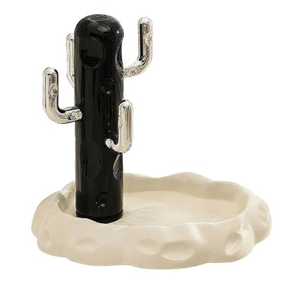 Cactus Shaped Ceramic Storage Tray with Ceramic Base, Jewelry Holder for Bathroom, Living Room, Office, Wave-Design Cactus Shelf for Watches, Rings and Small Accessories