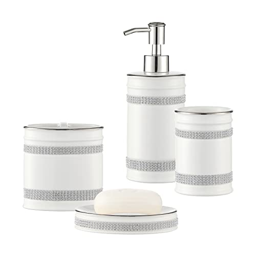Bathroom Accessories Set, 4-Piece Ceramic Bath Accessory Complete Set with Lotion Dispenser/Soap Pump, Tumbler, Soap Dish and Toothbrush Holder (Rhinestones, White)