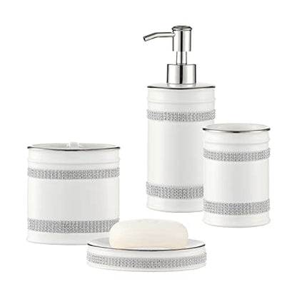 Bathroom Accessories Set, 4-Piece Ceramic Bath Accessory Complete Set with Lotion Dispenser/Soap Pump, Tumbler, Soap Dish and Toothbrush Holder (Rhinestones, White)