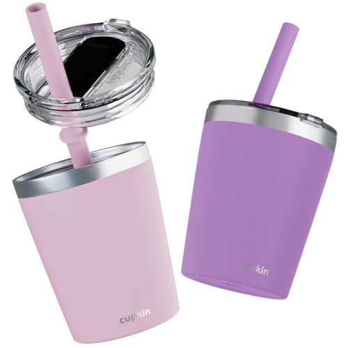 CUPKIN Kids & Toddler Cups, The Original 8 oz Stackable Stainless Steel Sippy Cup for Toddlers 3+ Years Old, Set of 2 Insulated Water Cups for Kids & BPA Free Lids + Silicone Straws (Pink + Purple) - color: Pink + Purple, size: 8 Fl Oz (Pack of 2)