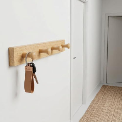 TOYANDONA Wooden Wall Mounted Coat Rack Hook with 4 Rubberwood Pegs, Natural and Hat Hanger for Bedroom and Entryway Storage