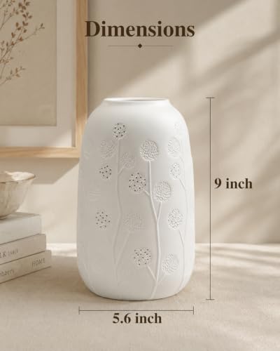 Ceramic Vase Table Lamp - 2700K Bulb & 3 Artificial Flowers Included | Handmade Openwork Craft - Inline Switch - E12 Socket - Dandelion 9" - style: Dandelion