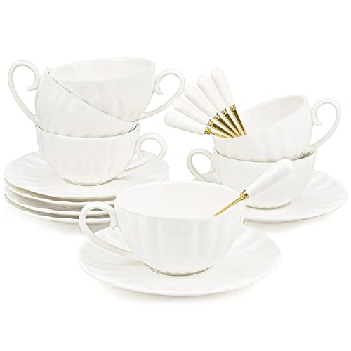 Yesland Set of 6 Royal Tea Cups and Saucers, 6 oz White Porcelain Tea Set & British Coffee Cups, White Latte Cups and Espresso Mug for Specialty Coffee Drinks, Latte, Cafe Mocha, Tea