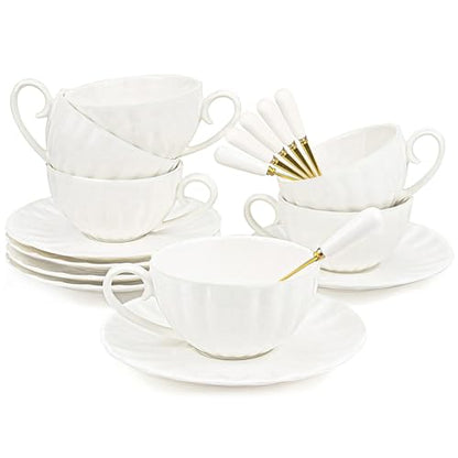 Yesland Set of 6 Royal Tea Cups and Saucers, 6 oz White Porcelain Tea Set & British Coffee Cups, White Latte Cups and Espresso Mug for Specialty Coffee Drinks, Latte, Cafe Mocha, Tea