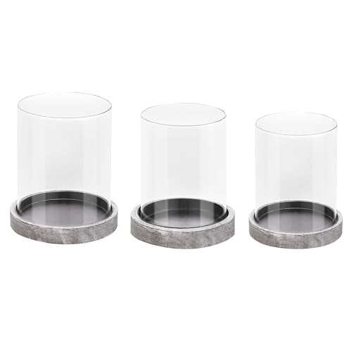 Set of 3 Glass Hurricane Candle Holders for Pillars with Distressed Brown Solid Wood Base Crafted from Pine, Farmhouse Candlestick Holder, Centerpieces for Home, Garden, Table, Mantel, Wedding, Party - color: Rustic Brown, size: 5.4"&4.6"&3.8"