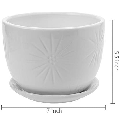 MyGift 7 Inch Round White Ceramic Plant Pot with Drainage Hole and Attached Saucer, Modern Decorative Embossed Sunburst Planter Container for Indoor Home Garden | 7-Inch Round Embossed Sunburst Design for Indoor Plants, Succulents, Herbs, Flowers & Home G