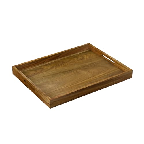 17 inch Acacia Wood Serving Tray with Handles, Decorative Display Tray for Coffee Table, Breakfast in Bed, Food Dinner