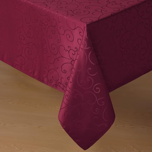 Romanstile Christmas Jacquard Rectangle Tablecloth - Burgundy Waterproof Damask Curly Floral Pattern Decorative Table Cloth, Heavy Weight Fabric Table Cover for Dining/Party/Holiday - 60 x 84 Inch - color: Burgundy, size: 60" x 84" (Rectangular)