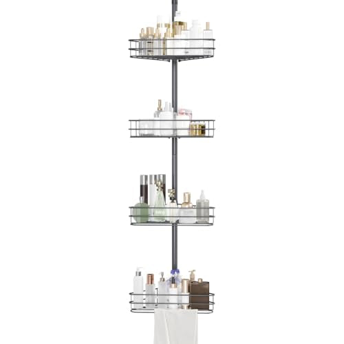 Garvee Tension Pole Corner Shower Caddy, 4-Tier Adjustable Bathroom Shelf Organizer, Rust-Resistant Floor to Ceiling Storage Rack, 98 to 110 Inch Tall, for Bathtub Shampoo Conditioner Soap, Grey | Adjustable Bathroom Shelf Organizer, Rust-Resistant Floor
