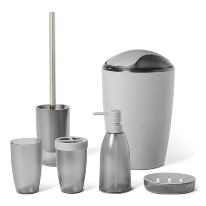 Amazon Basics Bathroom Set, 6-Piece with Toothbrush Holder, Soap Dispenser, Soap Dish, Toothbrush Cup, Trash Can, Toilet Brush and Holder, Grey - color: Grey