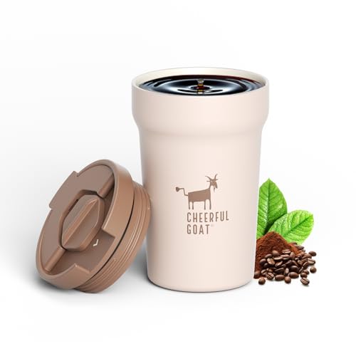 CHEERFUL GOAT Ceramic Lined Coffee Mug – Stainless Steel Travel insulated Tumbler with Ceramic Liner, with lid 12oz Leak Proof Cup for Hot and Cold Water Coffee at Home, Office, or In the Car (Coffee) - color: Coffee