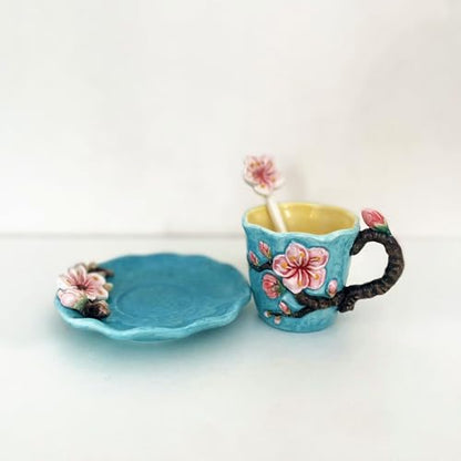 Ceramic Apricot Blossom Coffee Mug and Saucer set with Spoon,3D Handmade and Hand-painted Tea Mug, 6OZ